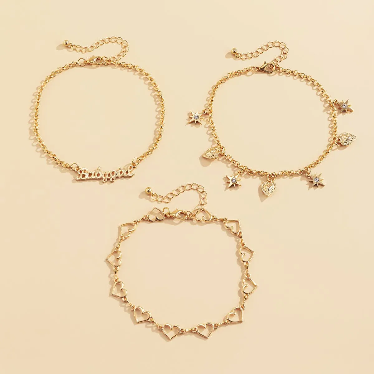 Cubic Zirconia & 18K Gold-Plated Open Heart Star Anklet Set