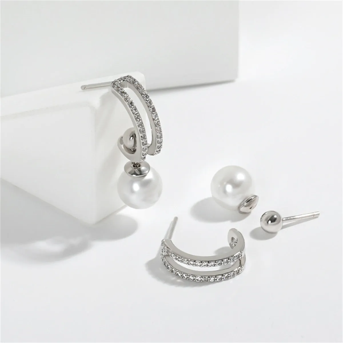 Cubic Zirconia & Pearl Silver-Plated Curve Drop Earrings