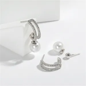 Cubic Zirconia & Pearl Silver-Plated Curve Drop Earrings