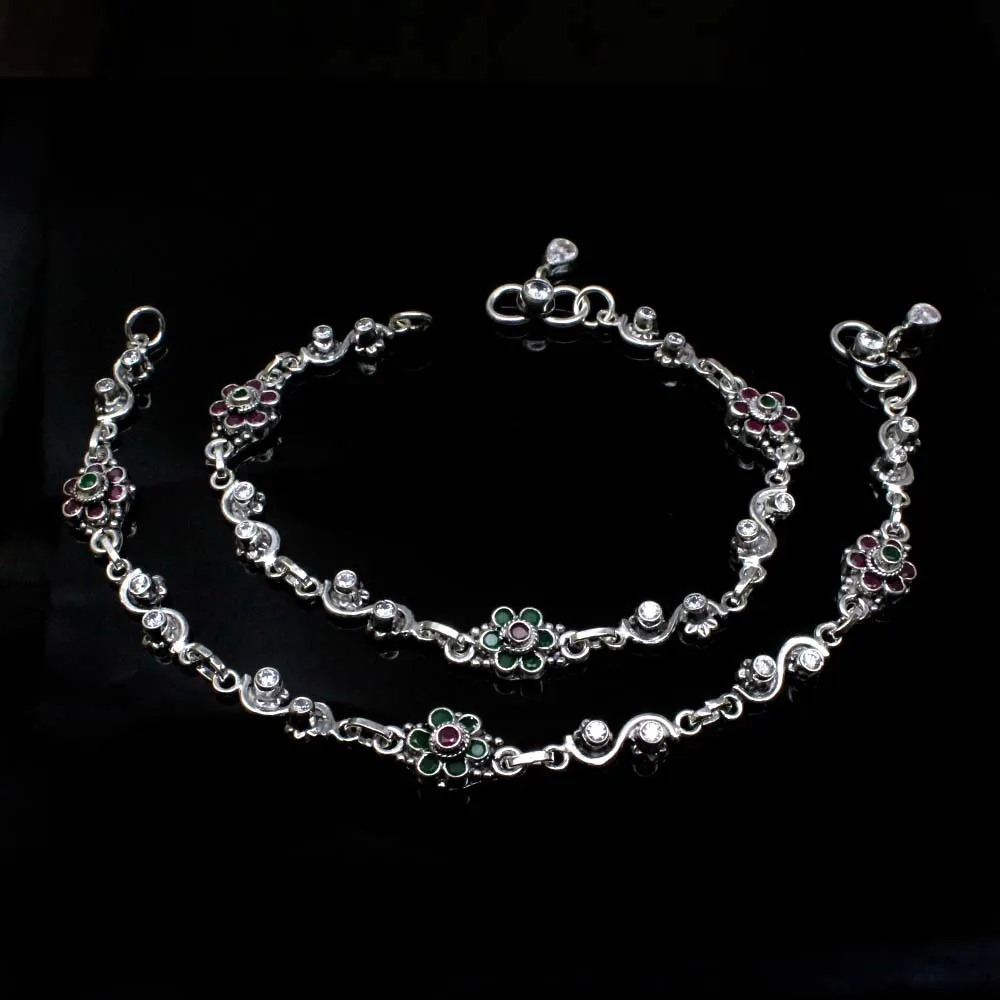 Cute Traditionally Real Oxidized 925 Silver Multi CZ Anklets Ankle 10"