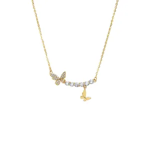 CZ Curved Bar X Dangling Butterfly Necklace