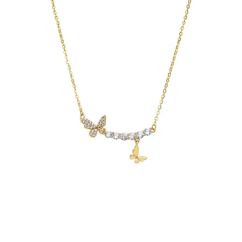 CZ Curved Bar X Dangling Butterfly Necklace