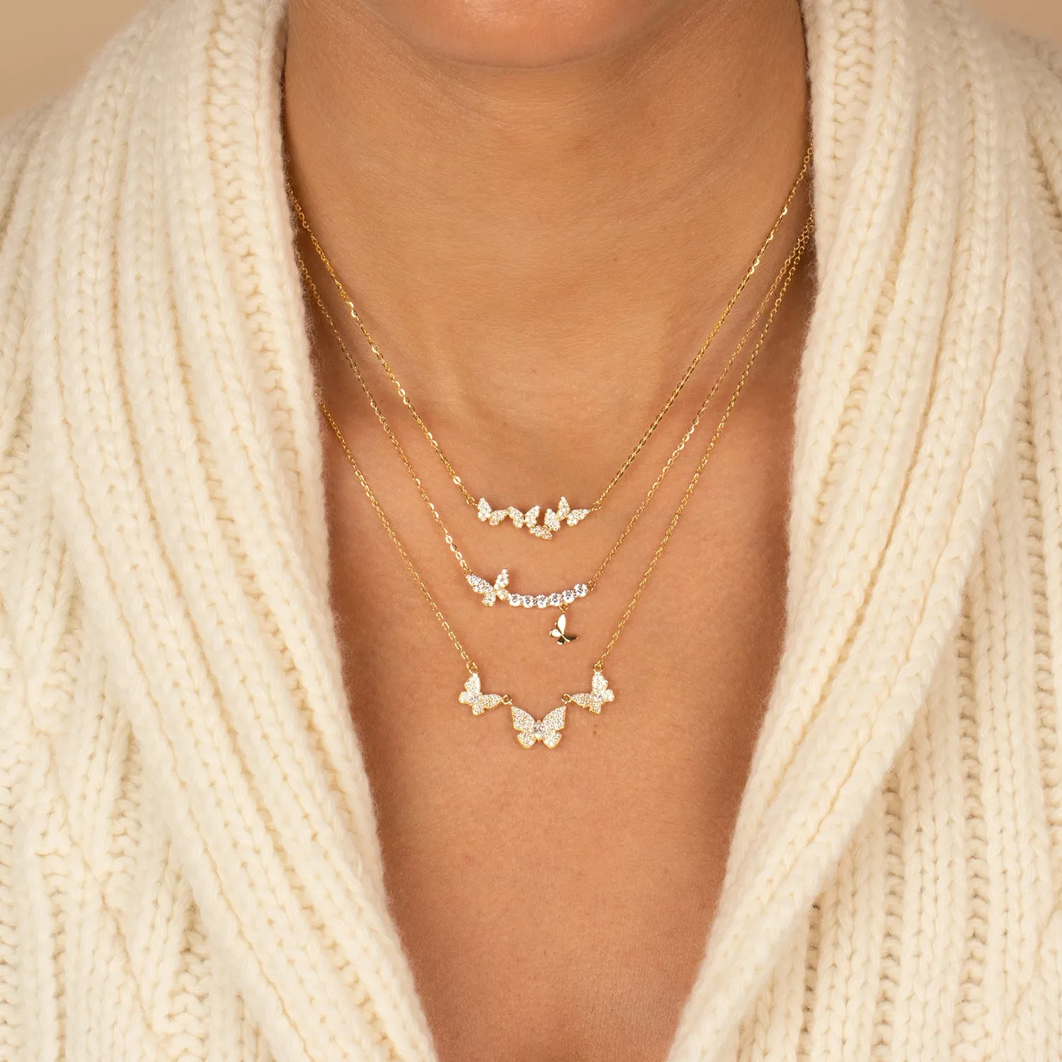 CZ Curved Bar X Dangling Butterfly Necklace