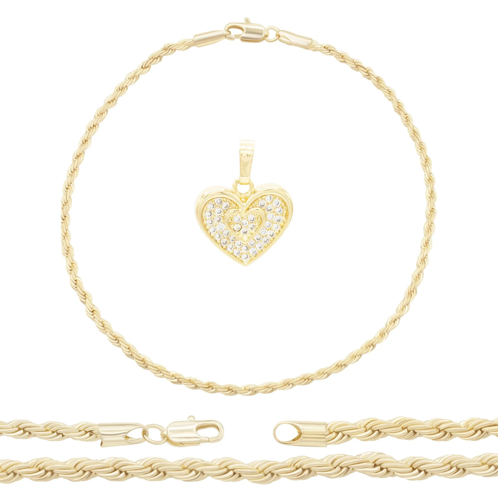 CZ Heart Charm 14K Gold Filled Rope Anklet 10" Chain Women Jewelry