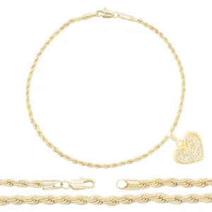 CZ Heart Charm 14K Gold Filled Rope Anklet 10" Chain Women Jewelry