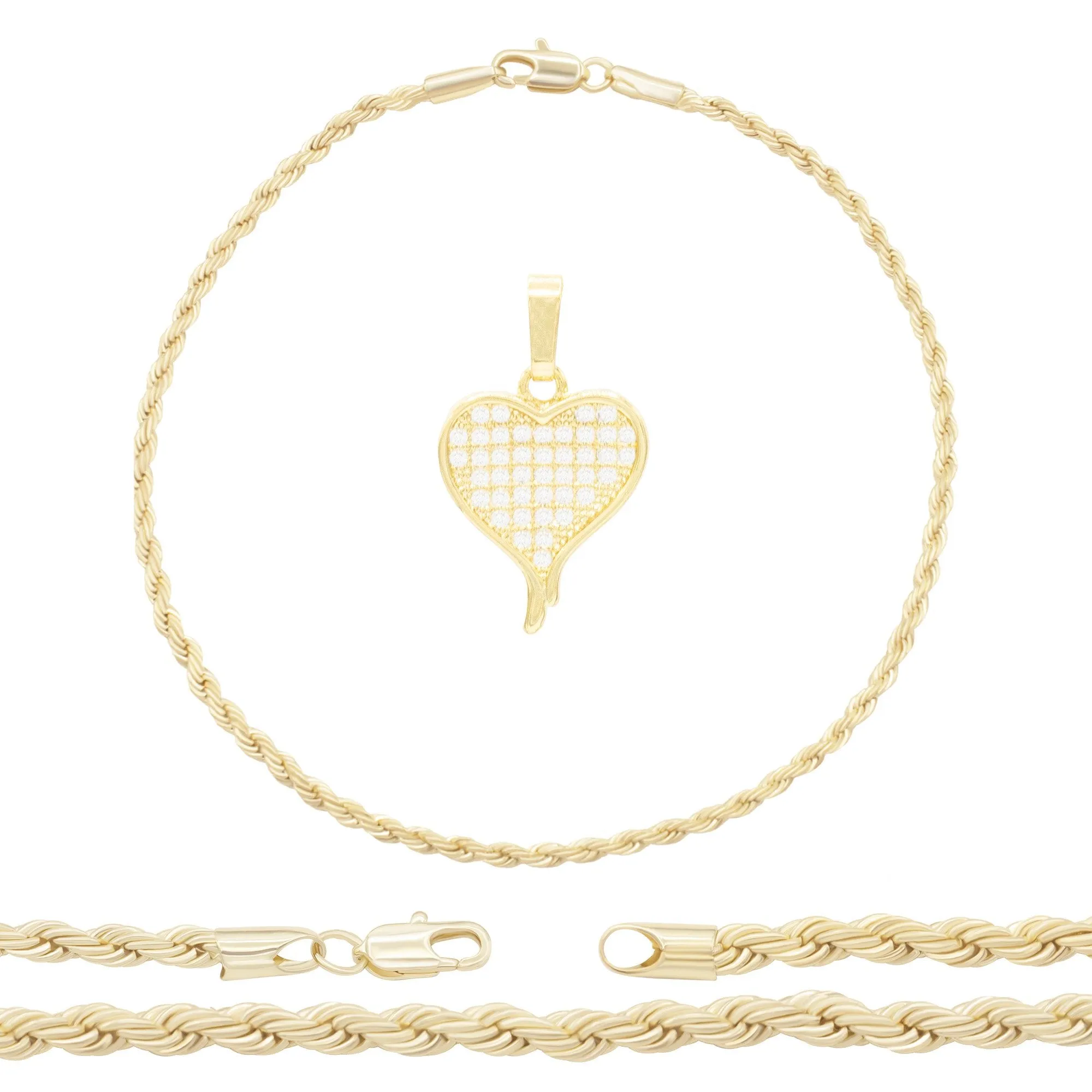 CZ Heart Charm 14K Gold Filled Rope Anklet 10" Chain Women Jewelry