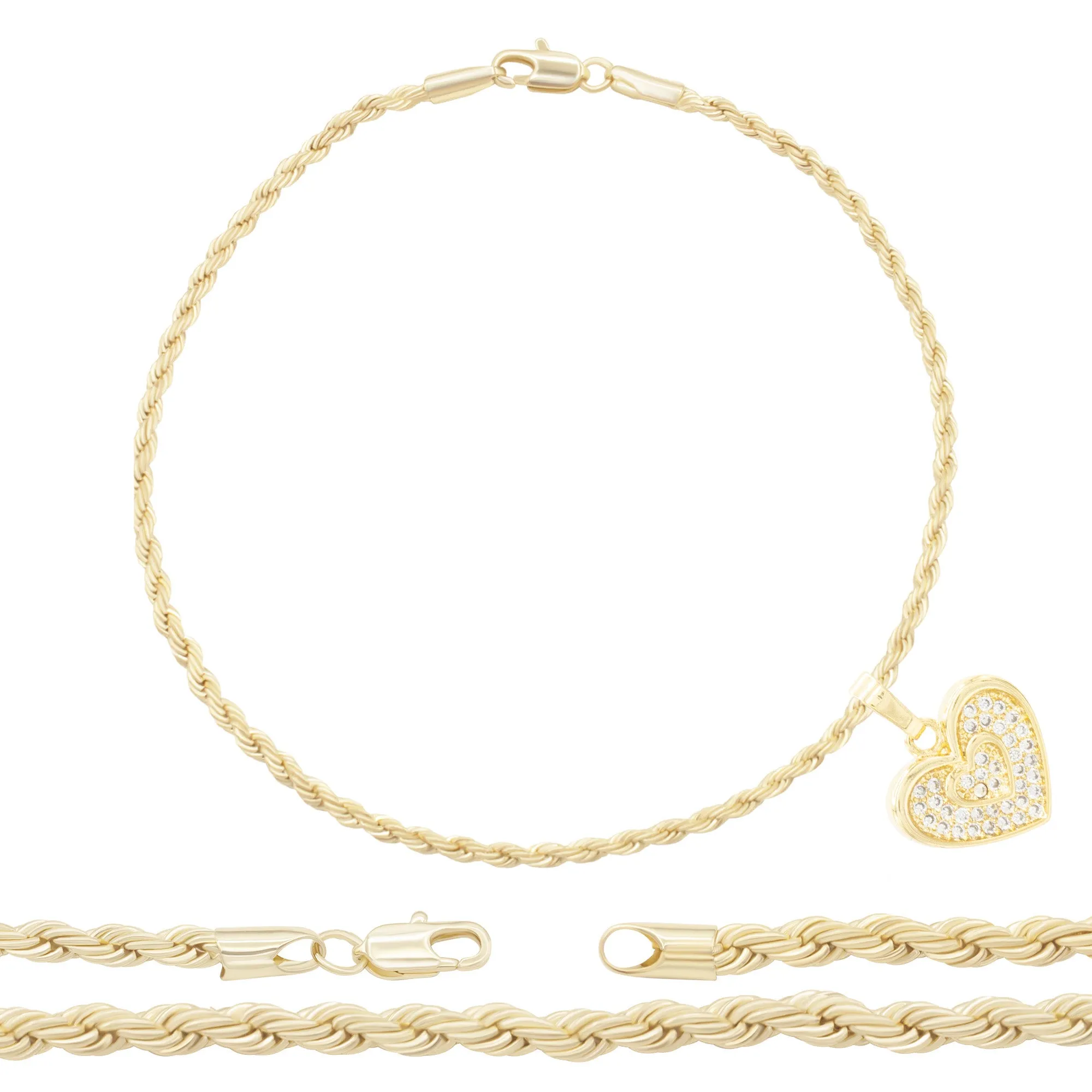 CZ Heart Charm 14K Gold Filled Rope Anklet 10" Chain Women Jewelry