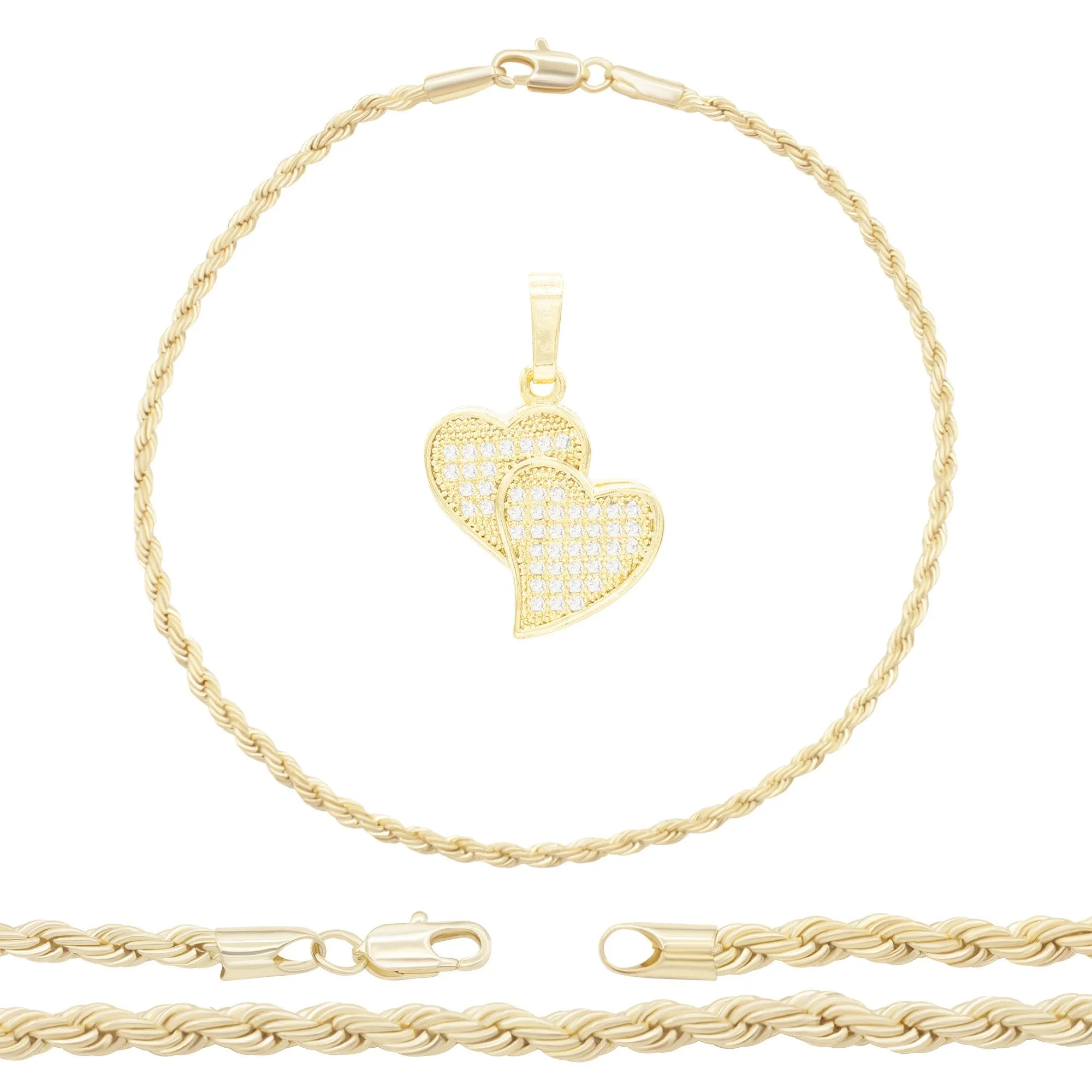 CZ Heart Charm 14K Gold Filled Rope Anklet 10" Chain Women Jewelry