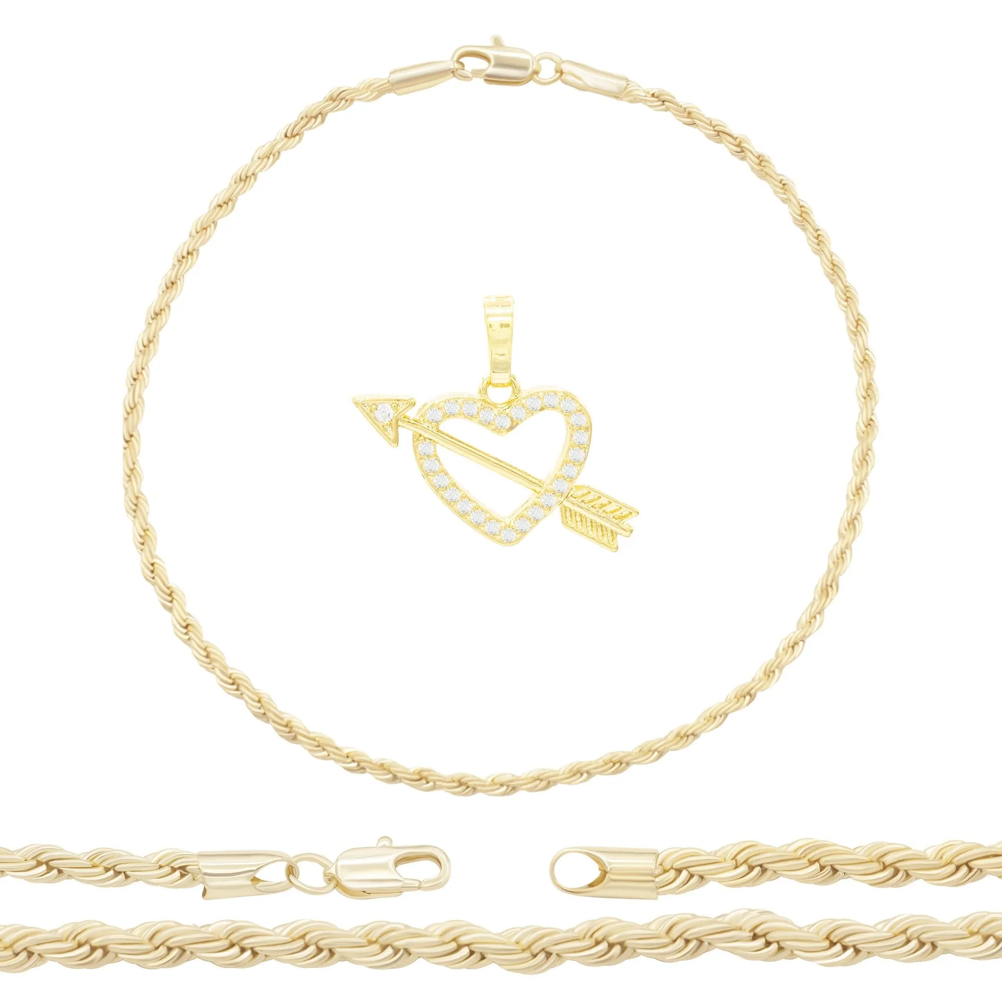 CZ Heart Charm 14K Gold Filled Rope Anklet 10" Chain Women Jewelry