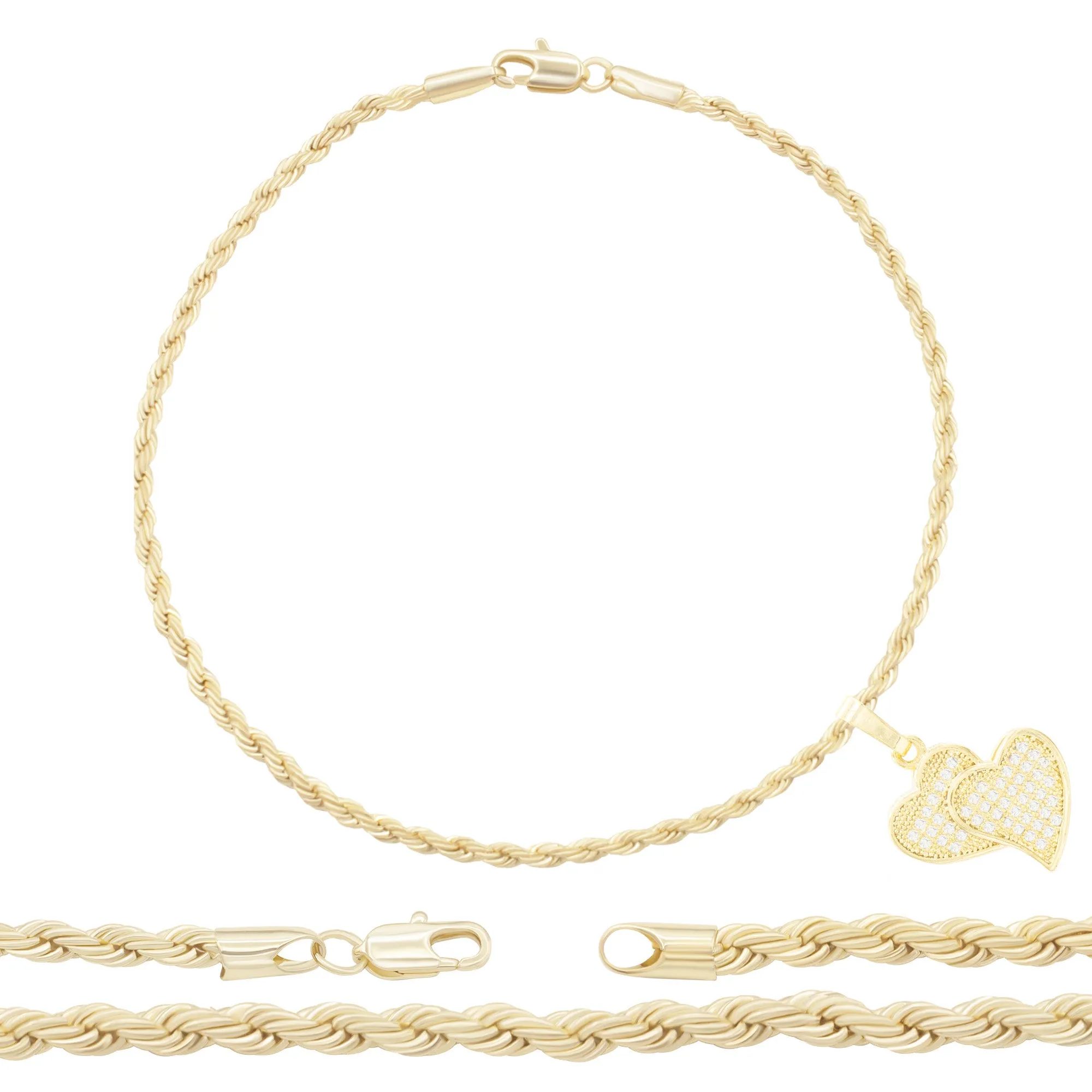 CZ Heart Charm 14K Gold Filled Rope Anklet 10" Chain Women Jewelry