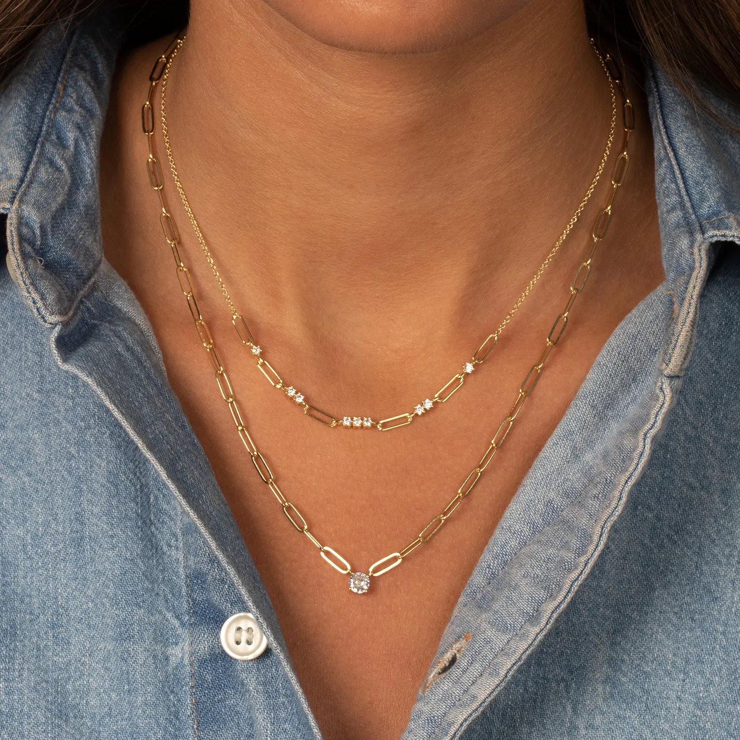 CZ Solitaire Four Prong Paperclip Necklace