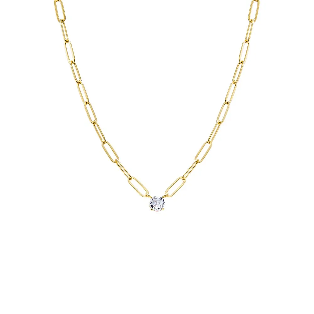 CZ Solitaire Four Prong Paperclip Necklace