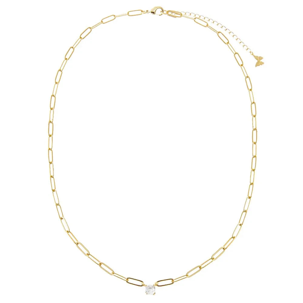 CZ Solitaire Four Prong Paperclip Necklace