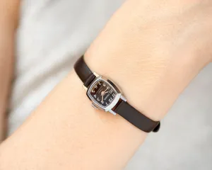 Dark aubergine dial watch for women Cardinal unused gift, vintage women's watch small rectangular silver shade, new premium leather strap