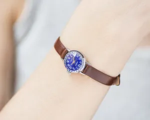 Dark blue women watch small vintage Seagull, silver shade wristwatch delicate lady accessory, navy dial tiny watch, new genuine leather band
