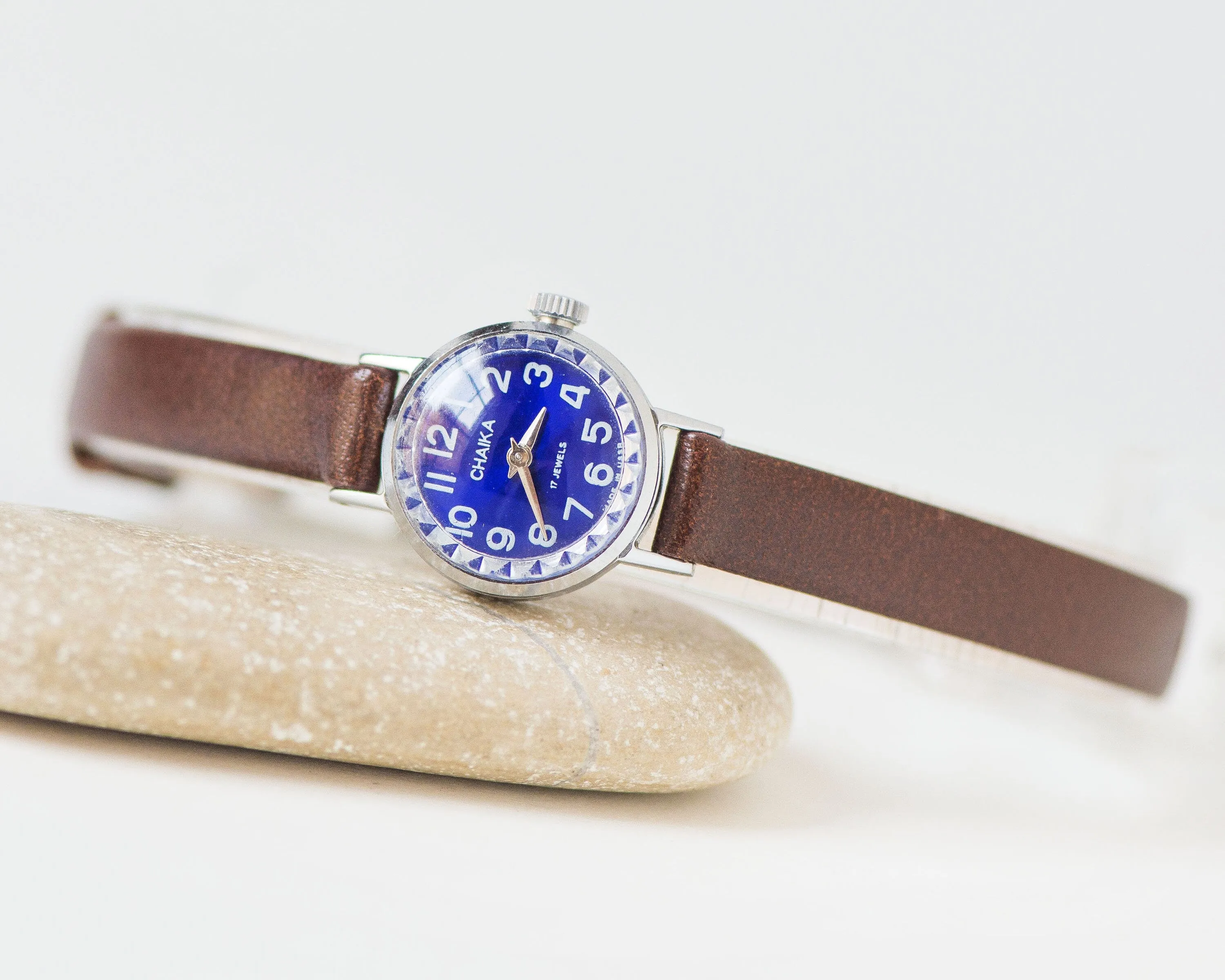 Dark blue women watch small vintage Seagull, silver shade wristwatch delicate lady accessory, navy dial tiny watch, new genuine leather band