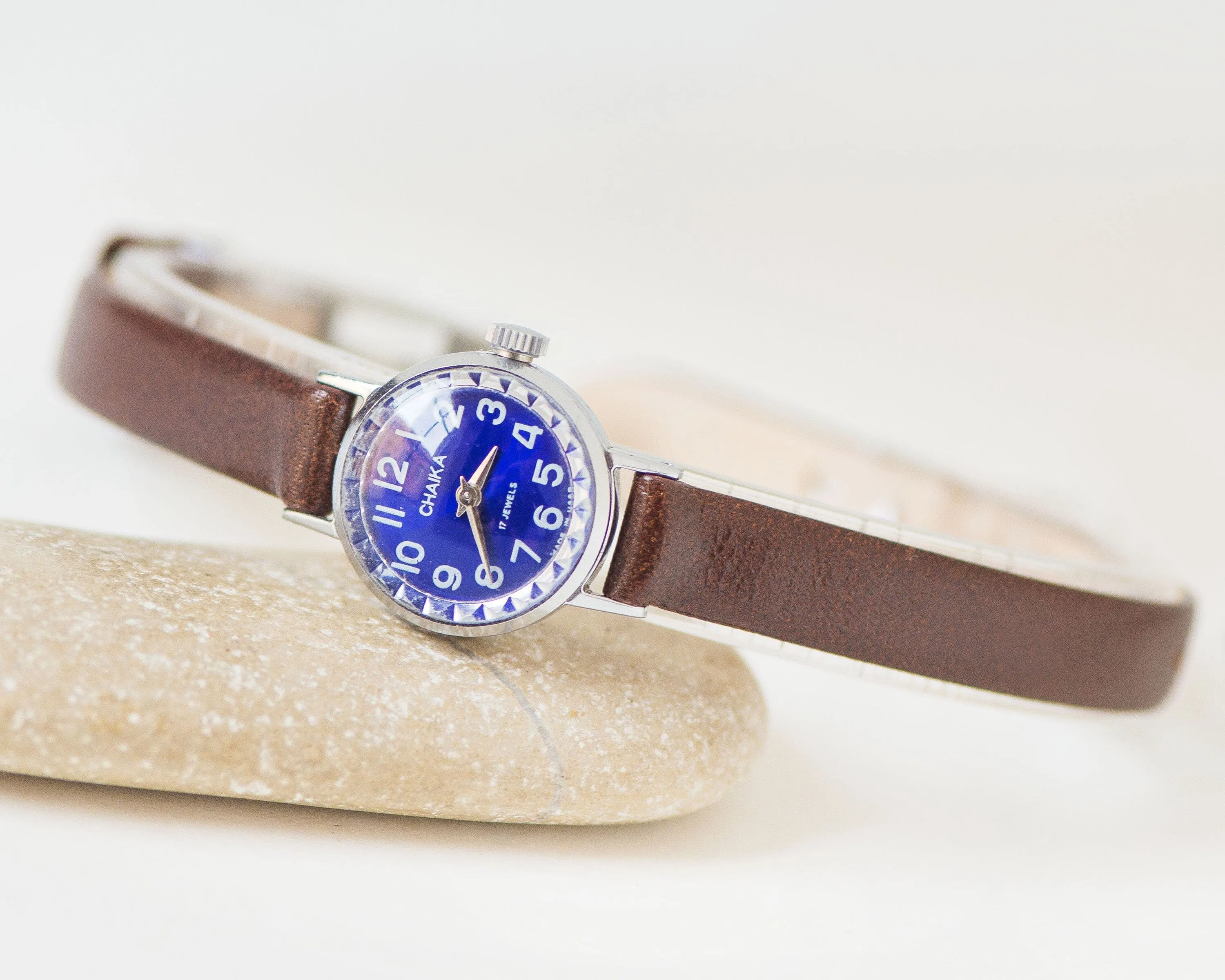 Dark blue women watch small vintage Seagull, silver shade wristwatch delicate lady accessory, navy dial tiny watch, new genuine leather band
