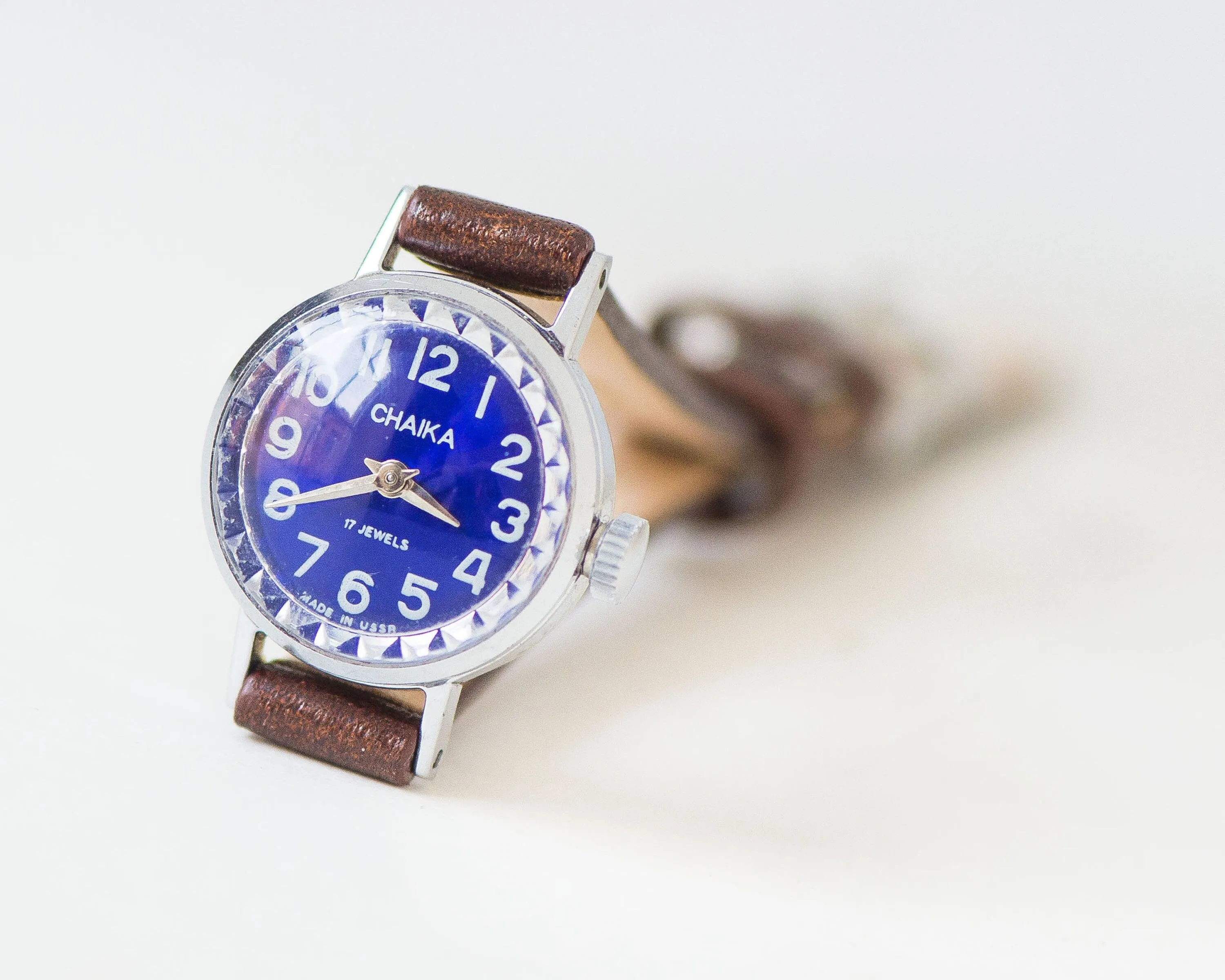 Dark blue women watch small vintage Seagull, silver shade wristwatch delicate lady accessory, navy dial tiny watch, new genuine leather band