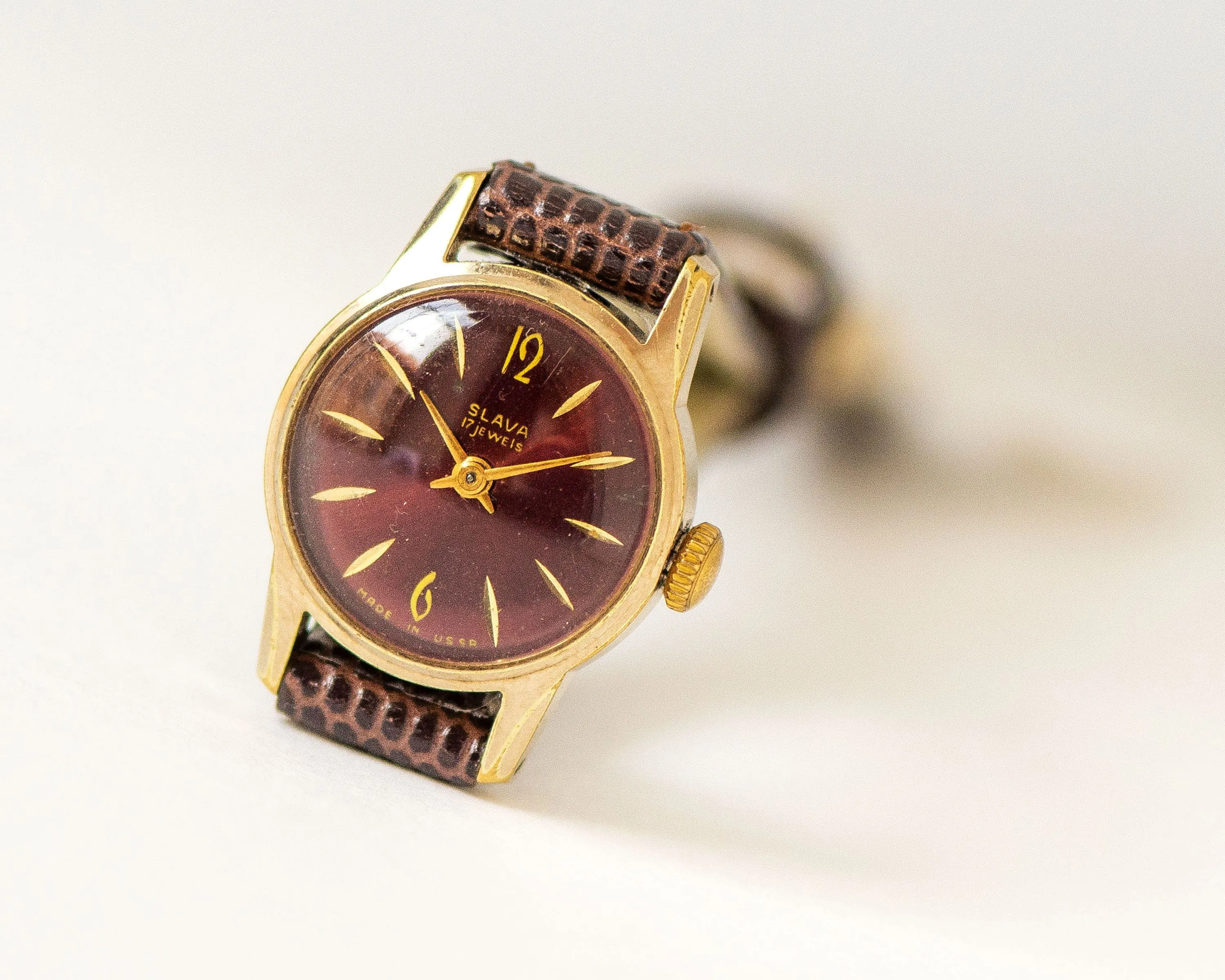 Dark burgundy women watch Glory, limited edition lady wristwatch gold plated, delicate lady watch classic gift, new premium leather strap