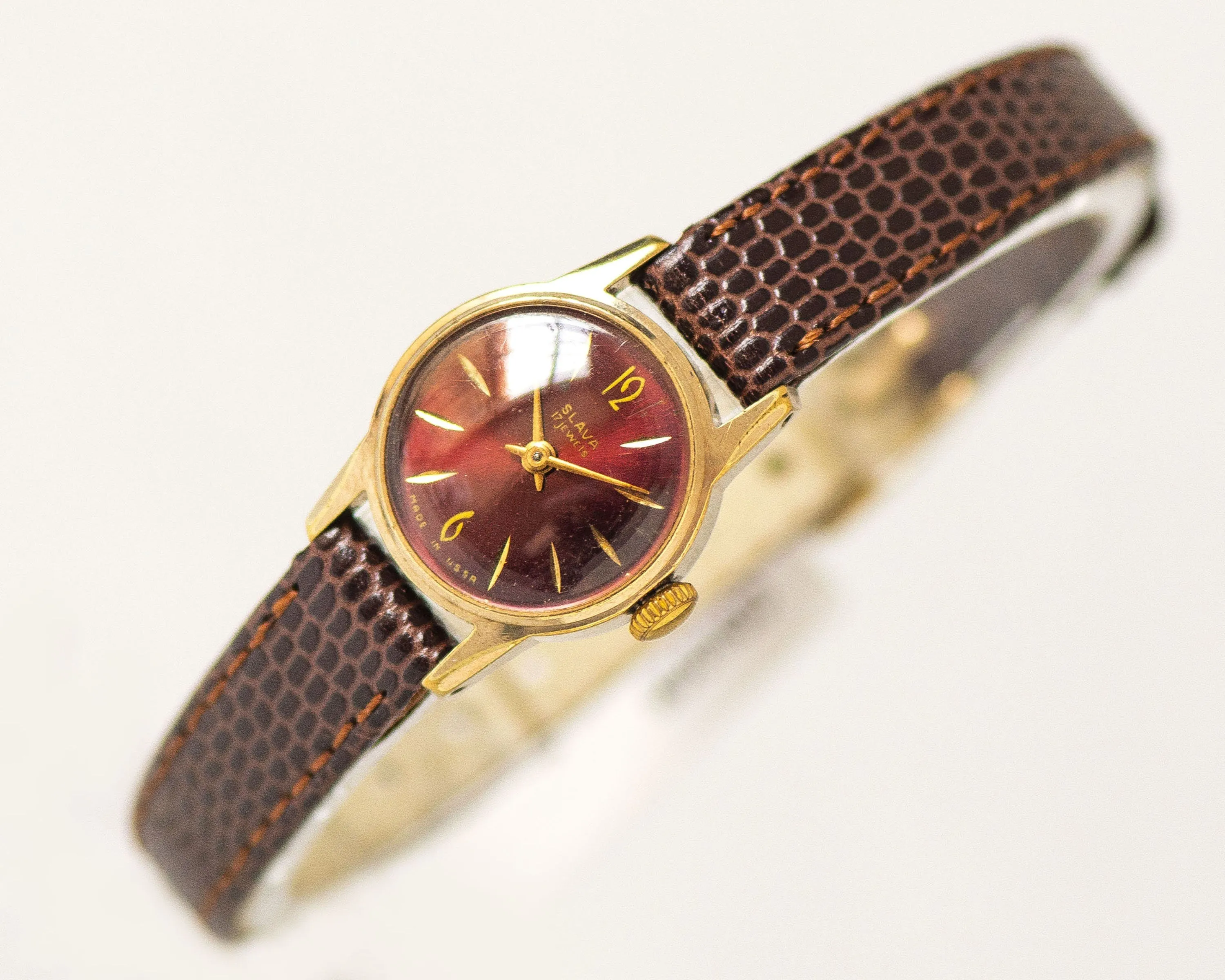 Dark burgundy women watch Glory, limited edition lady wristwatch gold plated, delicate lady watch classic gift, new premium leather strap