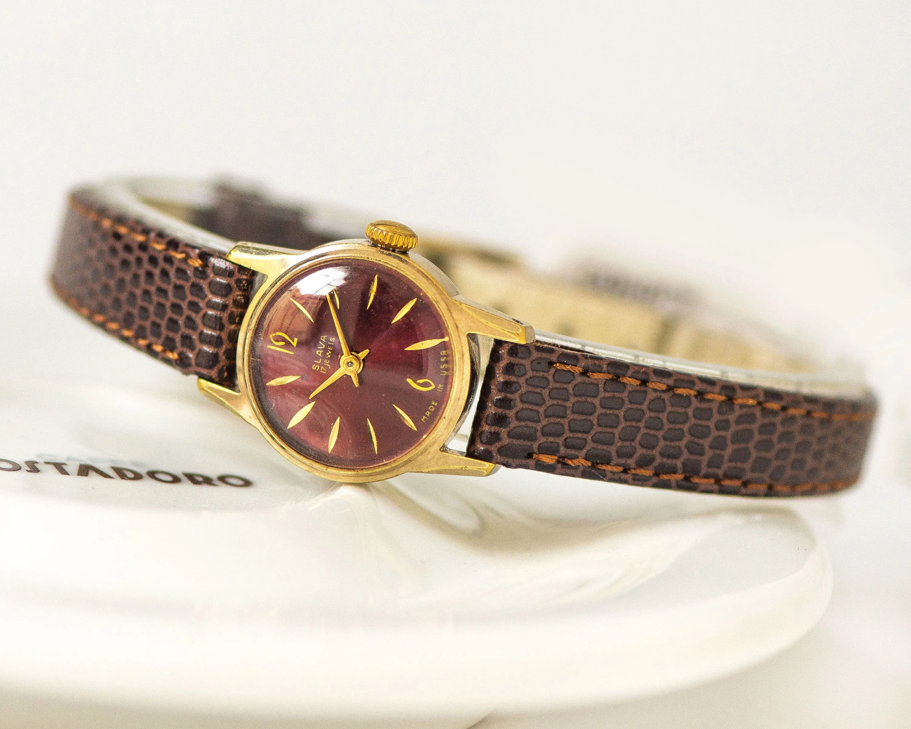 Dark burgundy women watch Glory, limited edition lady wristwatch gold plated, delicate lady watch classic gift, new premium leather strap