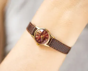 Dark burgundy women watch Glory, limited edition lady wristwatch gold plated, delicate lady watch classic gift, new premium leather strap