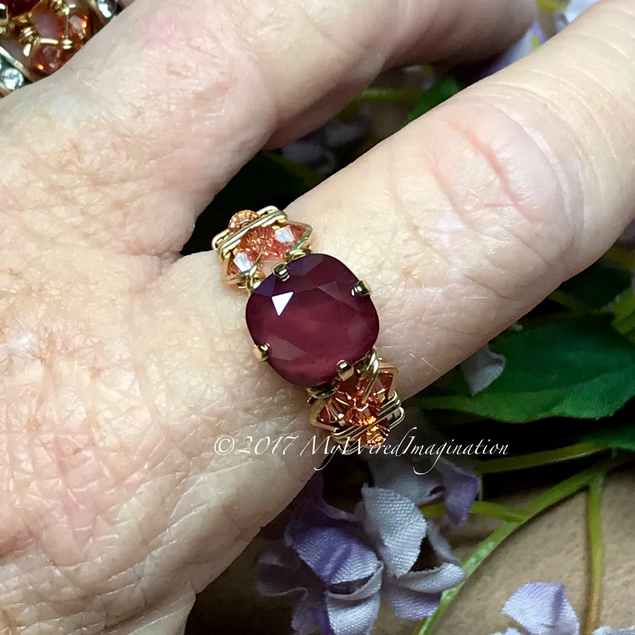 Dark Red & Light Rose AB, Swarovski Crystal Handmade Ring, Made to Order in SS or 14K GF