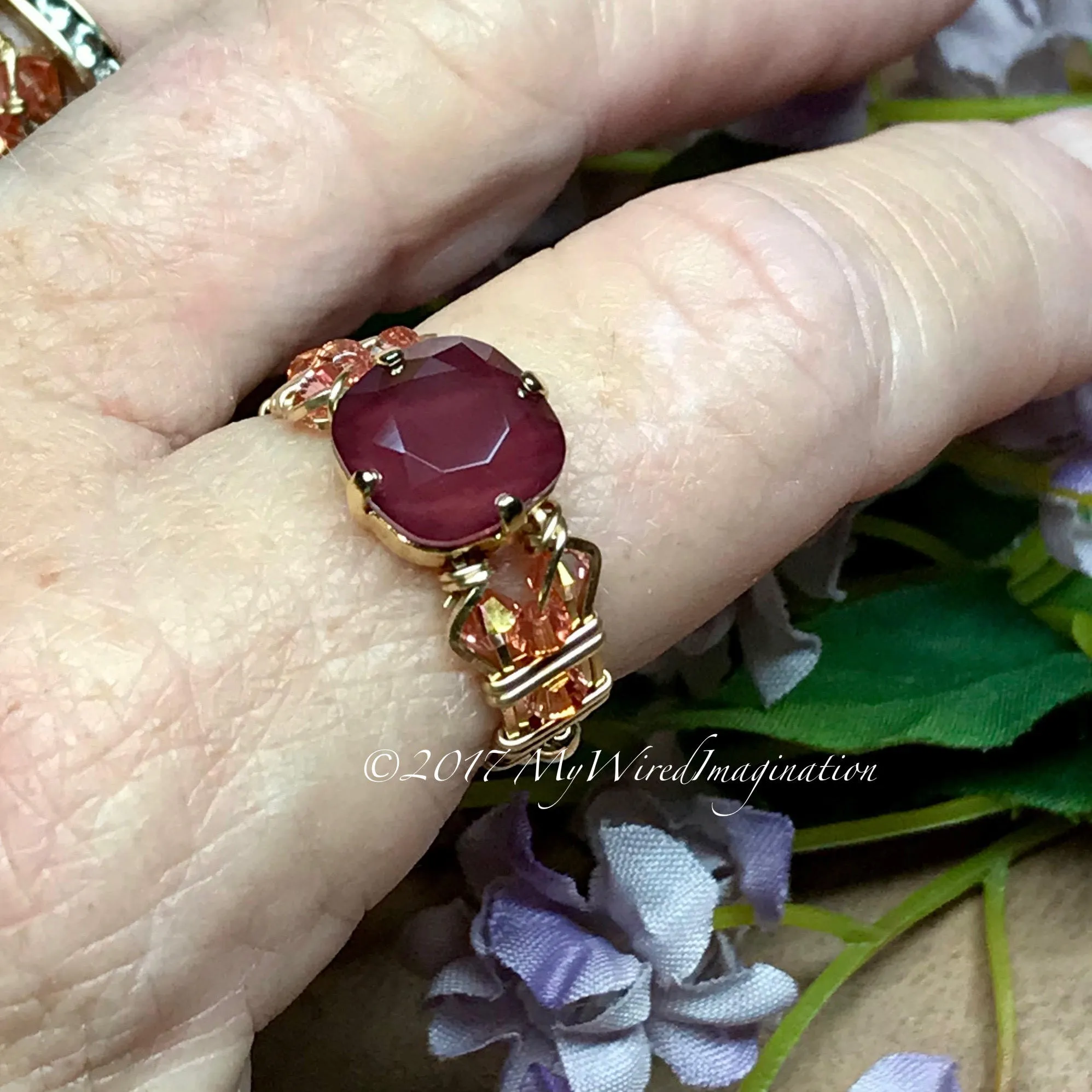 Dark Red & Light Rose AB, Swarovski Crystal Handmade Ring, Made to Order in SS or 14K GF