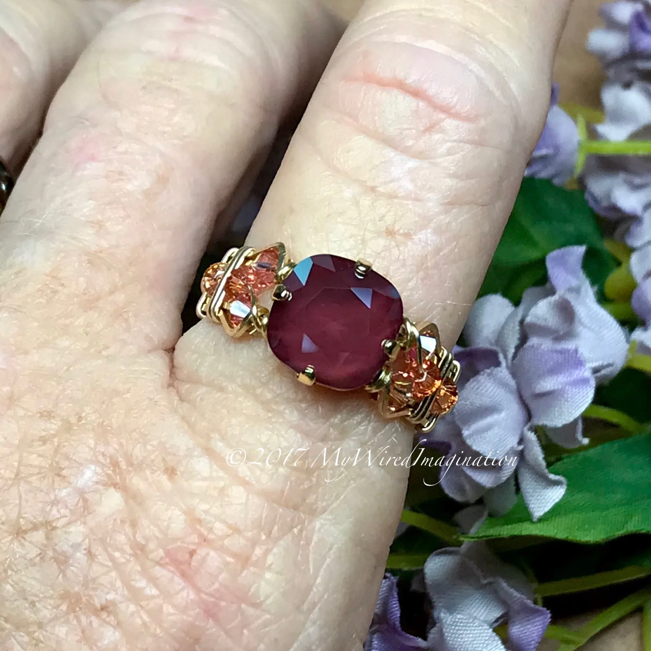 Dark Red & Light Rose AB, Swarovski Crystal Handmade Ring, Made to Order in SS or 14K GF