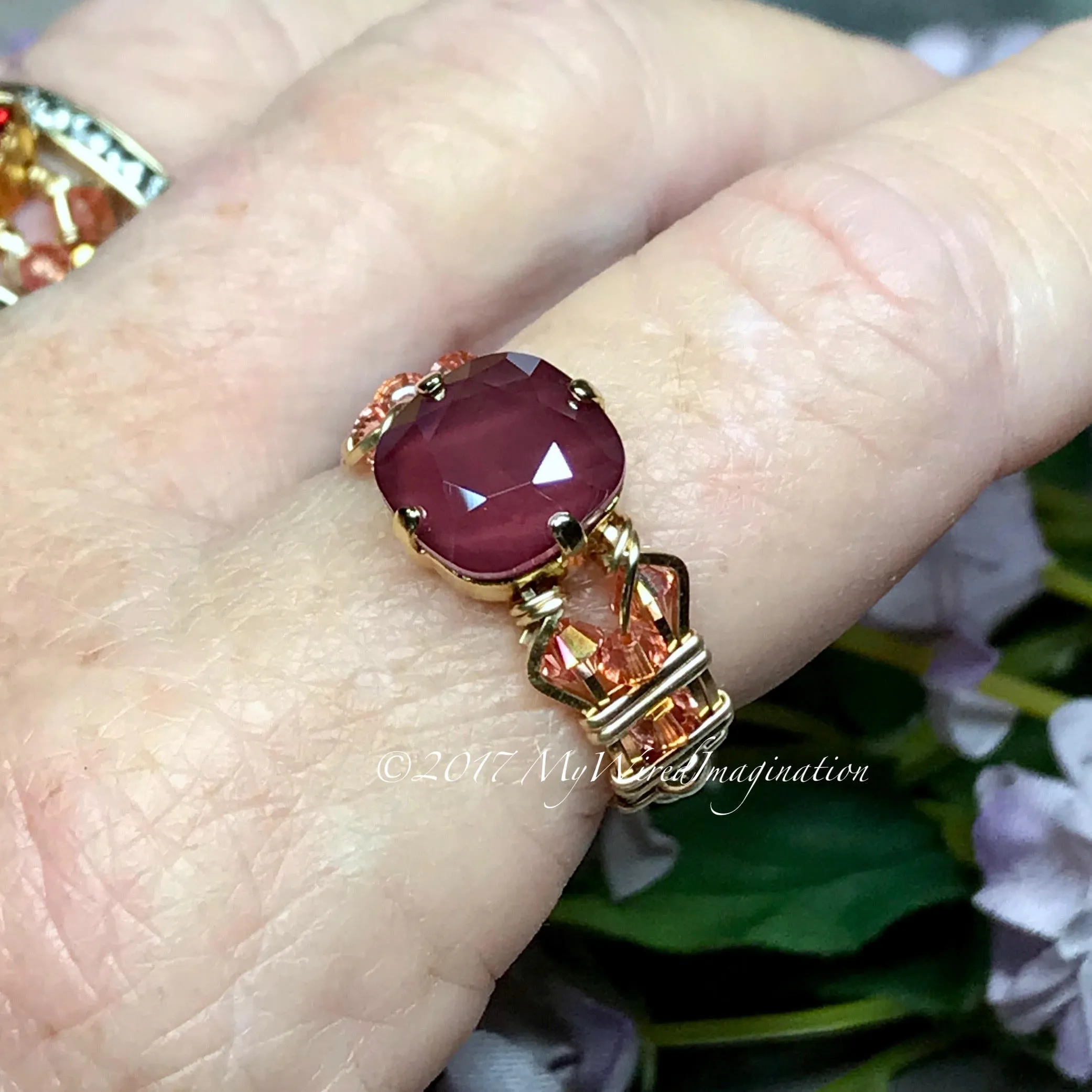 Dark Red & Light Rose AB, Swarovski Crystal Handmade Ring, Made to Order in SS or 14K GF