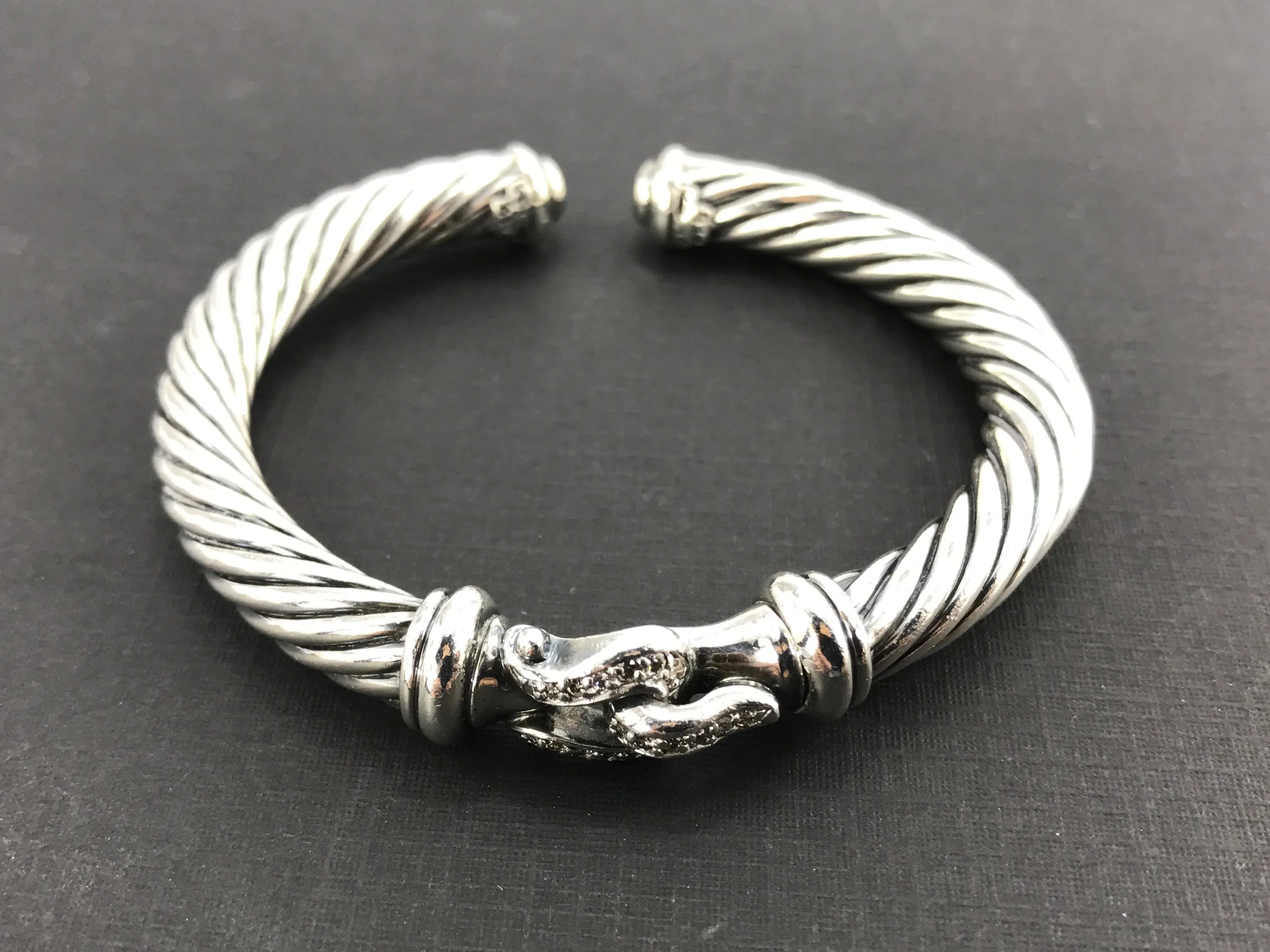 David Yurman Sterling Silver 7mm Diamond Buckle Cable Cuff Bracelet