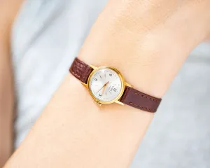 Delicate women's watch Glory vintage, gold plated lady watch small classic, minimalist wristwatch for women gift retro, new leather strap