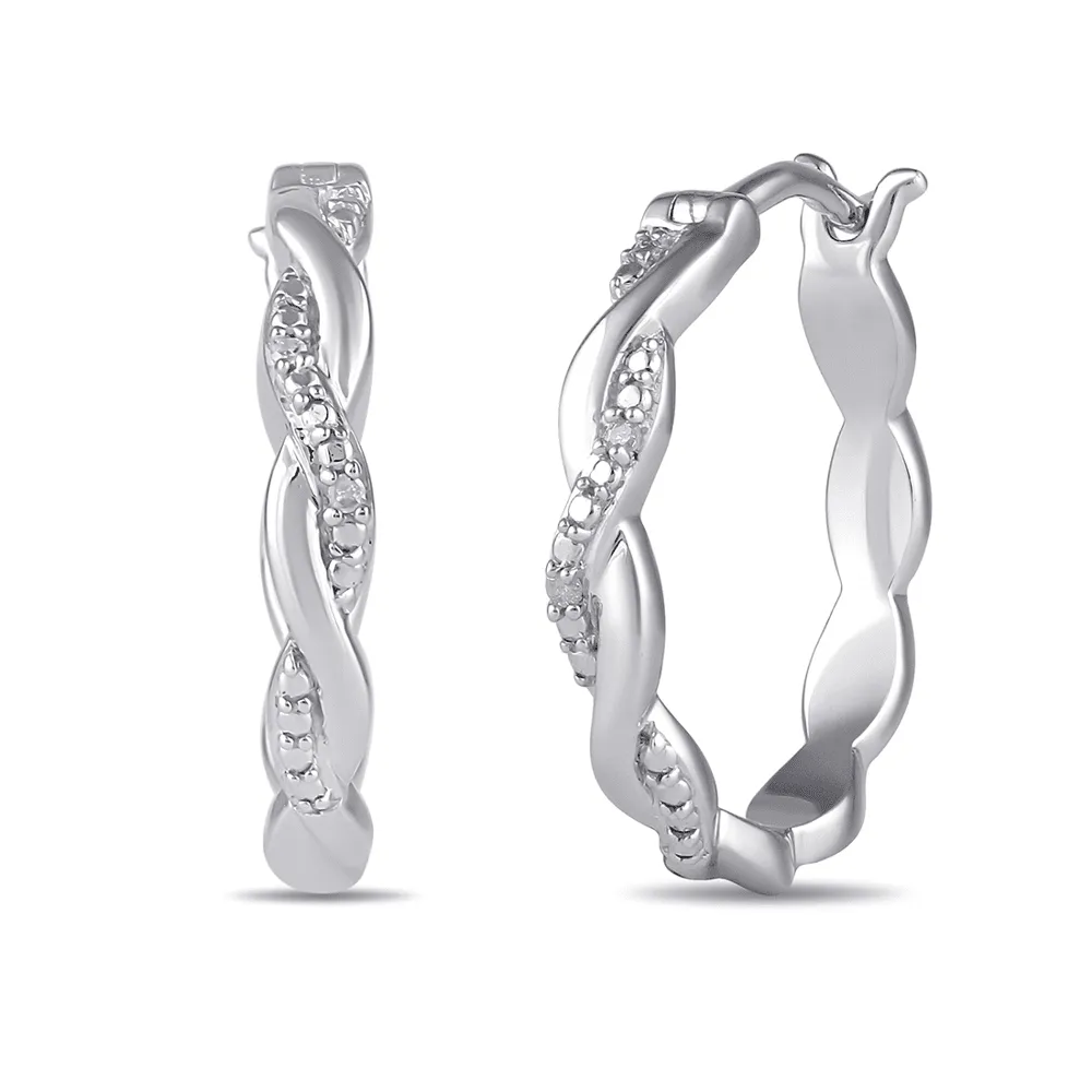 Diamond Set Plait Hoop Earrings in Sterling Silver