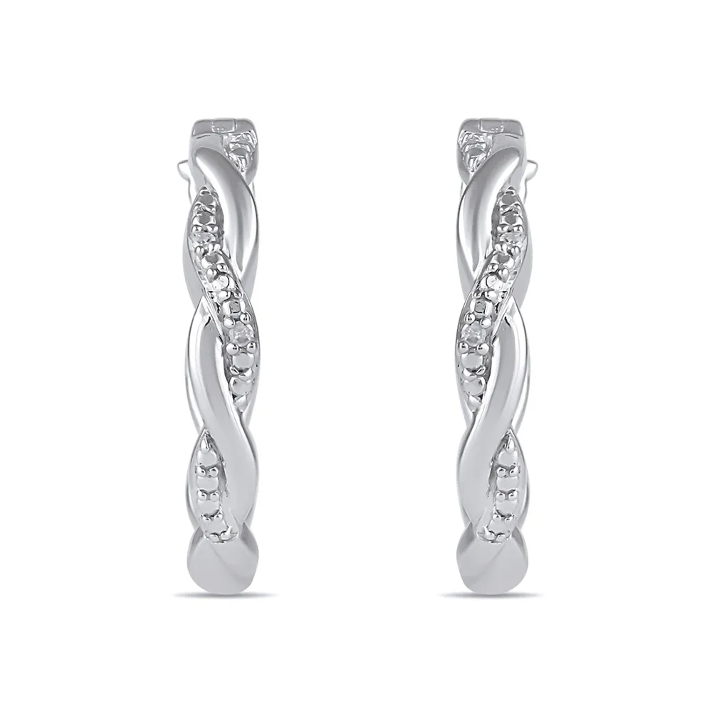 Diamond Set Plait Hoop Earrings in Sterling Silver