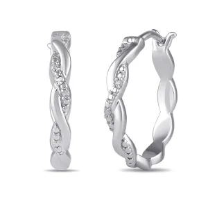 Diamond Set Plait Hoop Earrings in Sterling Silver