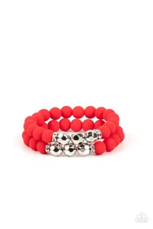 Dip and Dive - Red - Matte and Silver Bead Paparazzi Stretchy Bracelet