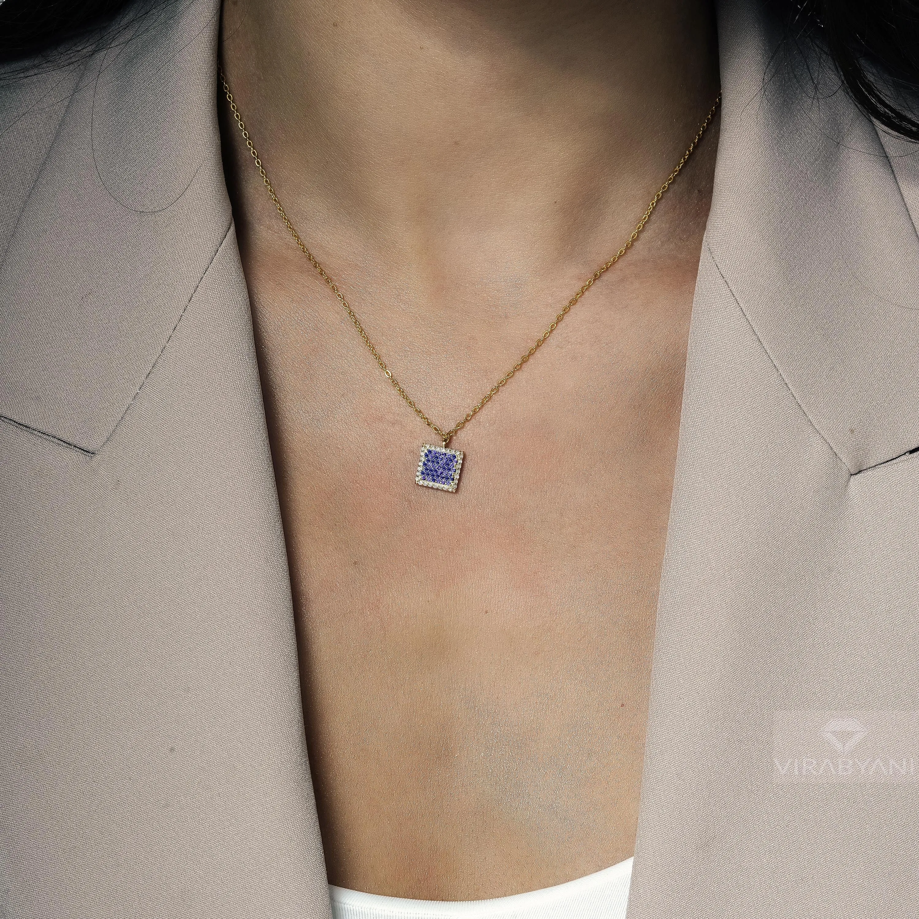 Double Sided Diamond & Sapphire Square Shaped AMoré Pavé Necklace