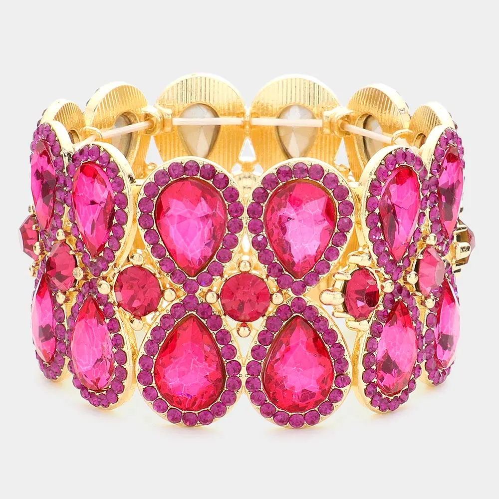 Double Teardrop Fuchsia Crystal Stretch Bracelet  | 602638
