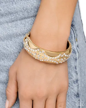 Draped in Decadence - Gold - White Rhinestone Paparazzi Hinge Bracelet