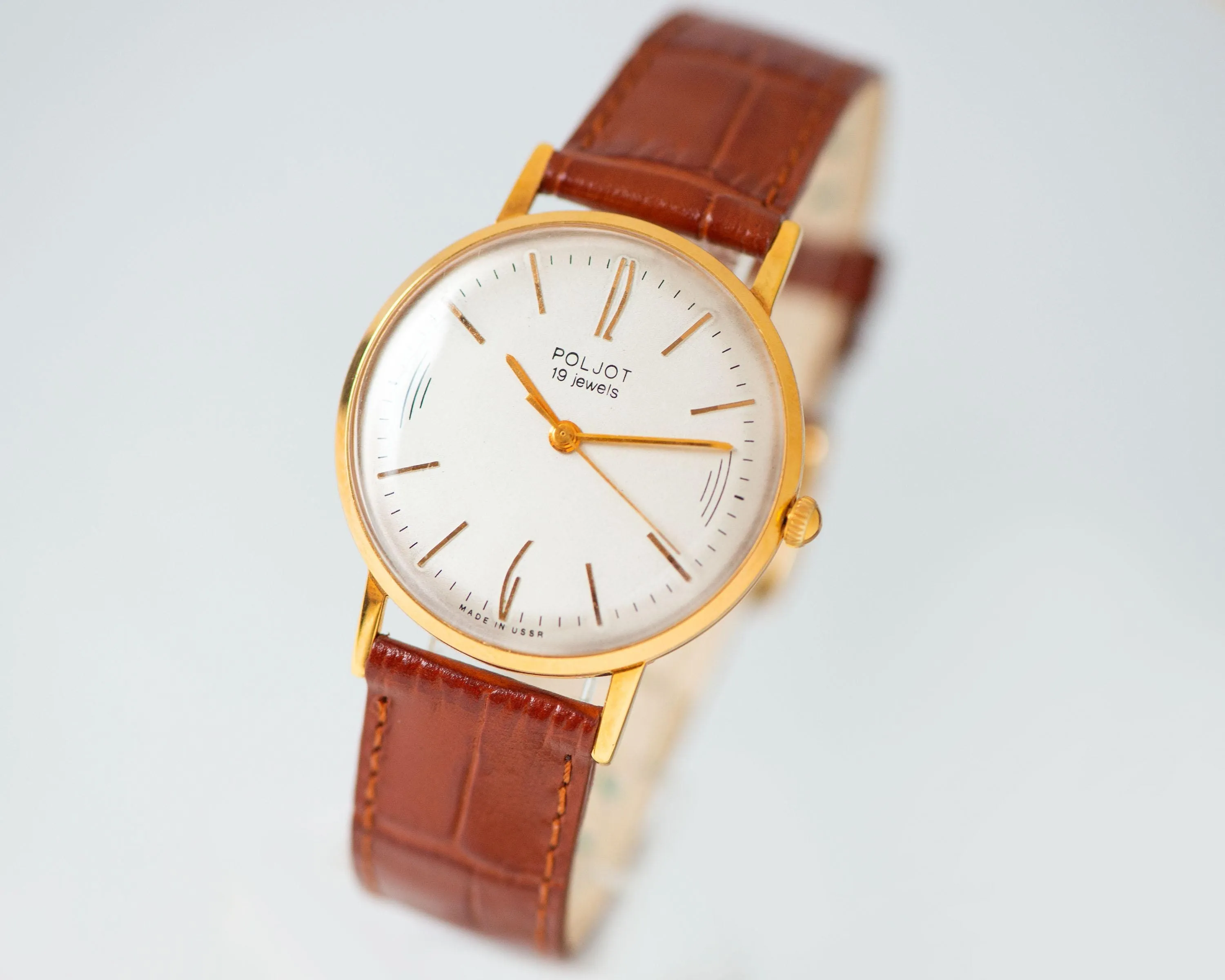 Dress watch for men gift slim retro Poljot Flight, gent wristwatch gold plated rare, minimalist watch shockproof, premium leather strap new