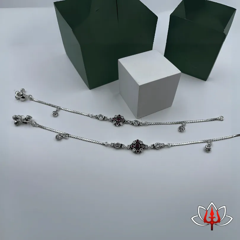 Elegant Silver Anklets with Maroon & White Stones
