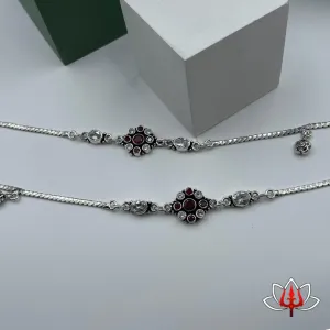 Elegant Silver Anklets with Maroon & White Stones