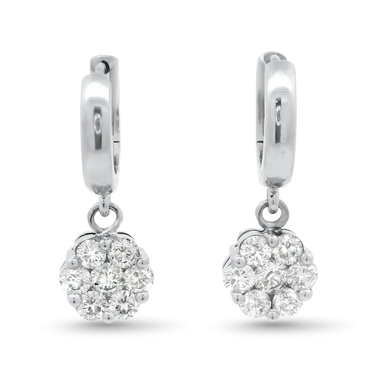 Estate 14k White Gold Floral Diamond Cluster Drop Earrings