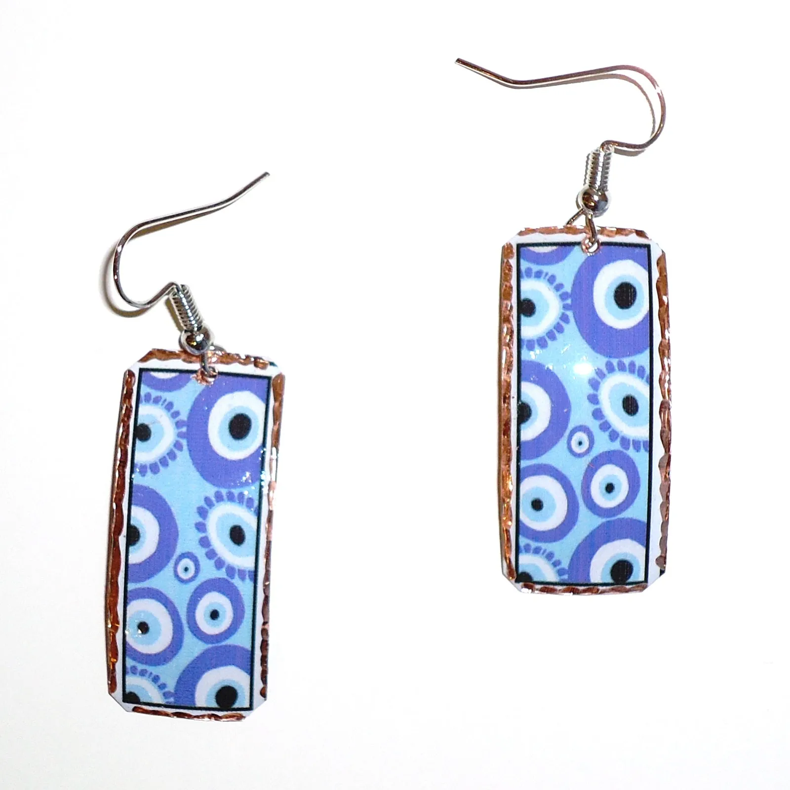 Etched Copper Geometric Earrings - Blue Rectangles