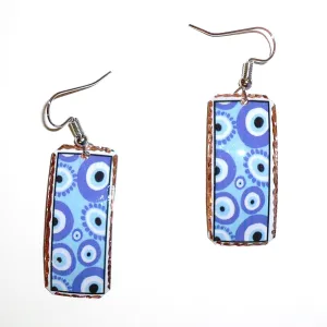 Etched Copper Geometric Earrings - Blue Rectangles