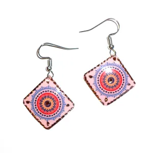 Etched Copper Geometric Earrings - Pink Diamonds