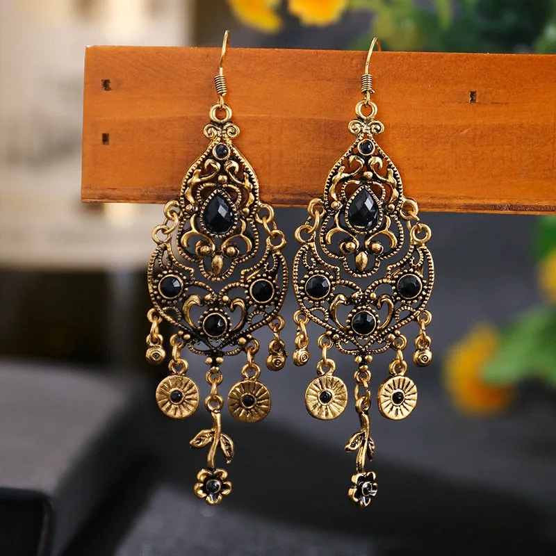 Ethnic Carved Gold Hollow Earrings Women Flower Wedding Jewelry