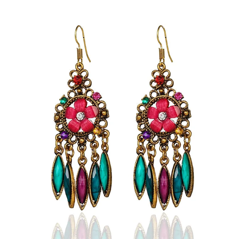 Ethnic Carved Gold Hollow Earrings Women Flower Wedding Jewelry