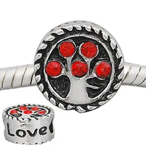 Family Tree W/red  Rhinestone Charm Spacer Beads For Snake Chain Charm Bracelet