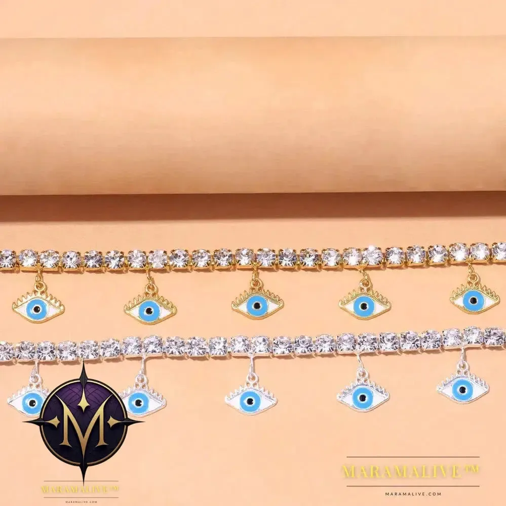 Fashion Blue Evil Eye Anklet Bracelet for Women Boho Leg Chain Rhinestone Chain Pendant Anklet Foot Jewelry